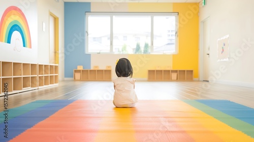 Child Sitting Alone in Colorful Kindergarten Classroom
