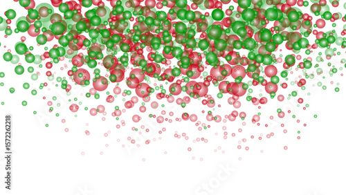 Flying bubbles of red and green color. Colorful confetti on transparent background.Amazing colorful confetti background balloon down for celebration. Vector illustration of festive decoration.