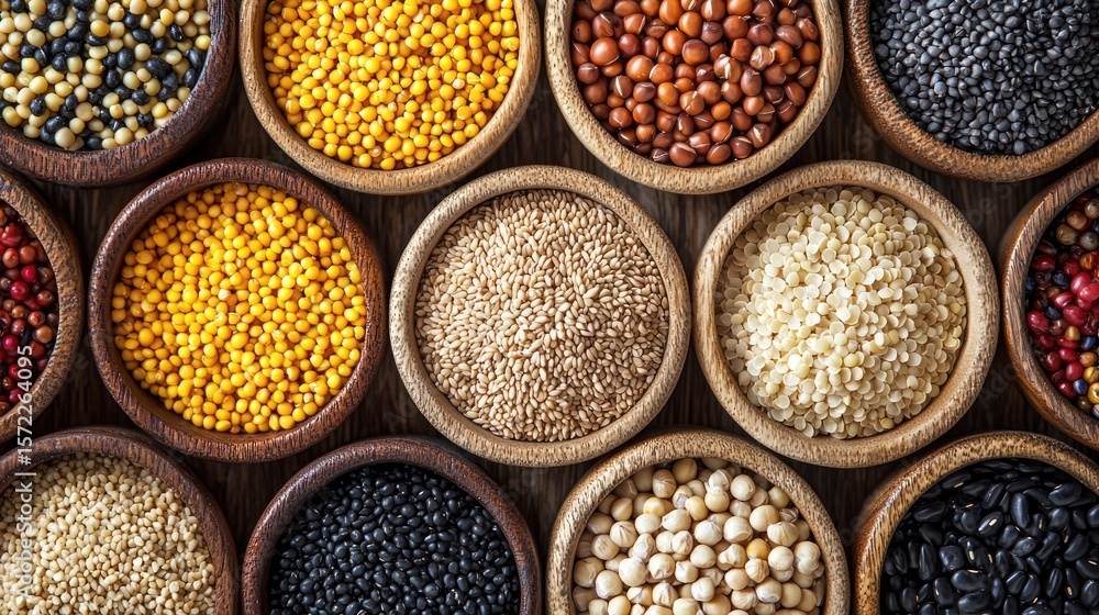 A collection of various seeds and grains in wooden bowls on a wooden table. A collection of various seeds and grains in wooden bowls on a wooden table.