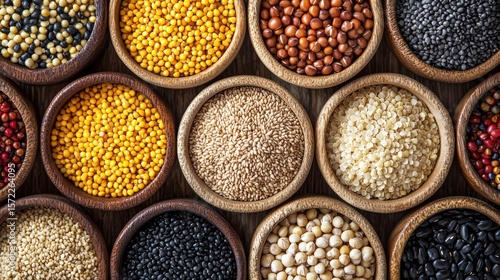 A collection of various seeds and grains in wooden bowls on a wooden table.