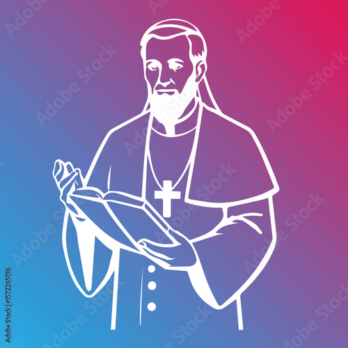 A religious male figure in clerical robes, holding an open book, in a symbolic illustration with a gradient background.