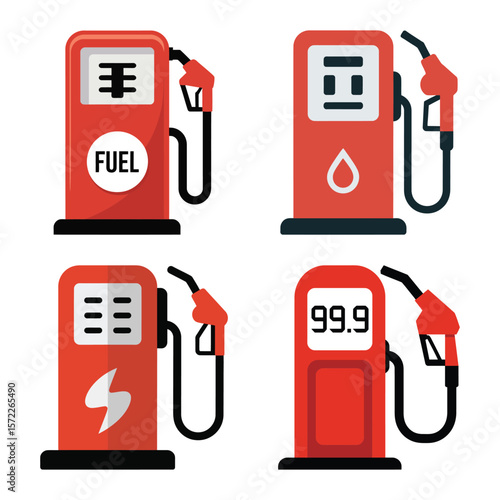 Set of four flat design icons representing different types of fuel pumps