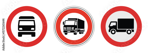 Collection of three traffic signs prohibiting trucks and buses on roads