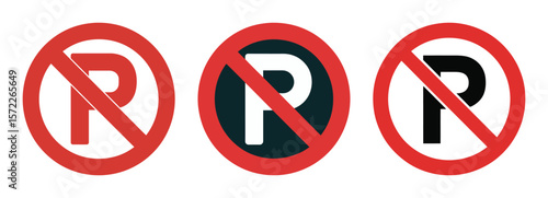 Collection of three distinct no parking signs with red prohibition circles