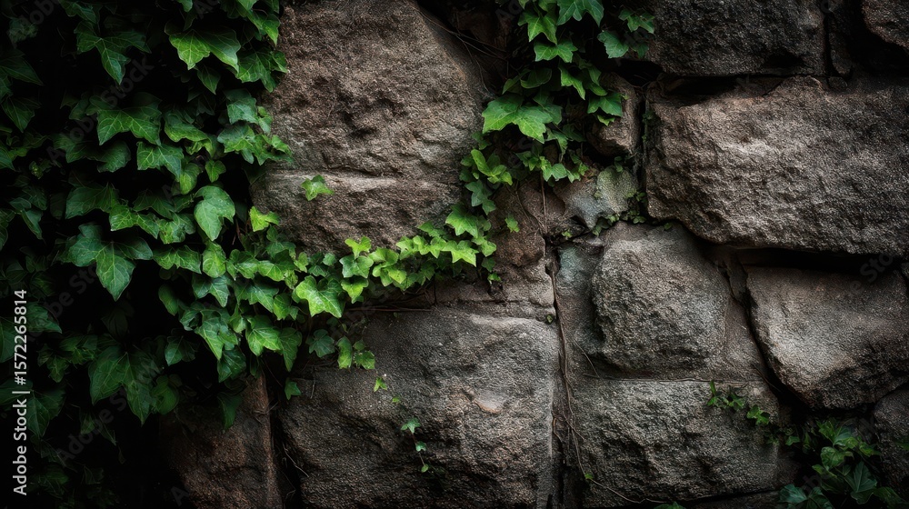 Dense green ivy clinging to a weathered stone wall. Dense green ivy clinging to a weathered stone wall.