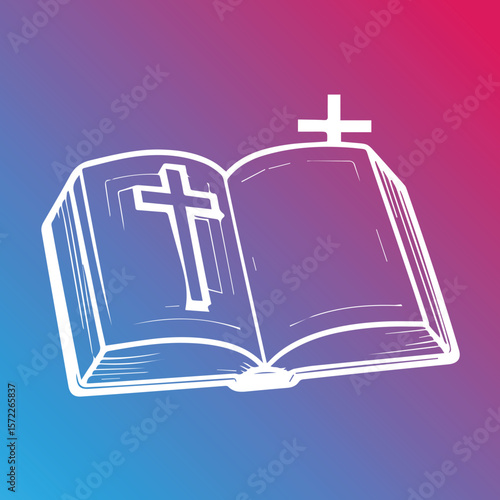 Open bible with cross graphic on a gradient background. Religious book graphic with cross symbol, religious art for faith-related projects.