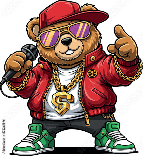 Cool teddy bear rapper character with microphone and gold chain, cartoon vector illustration.
