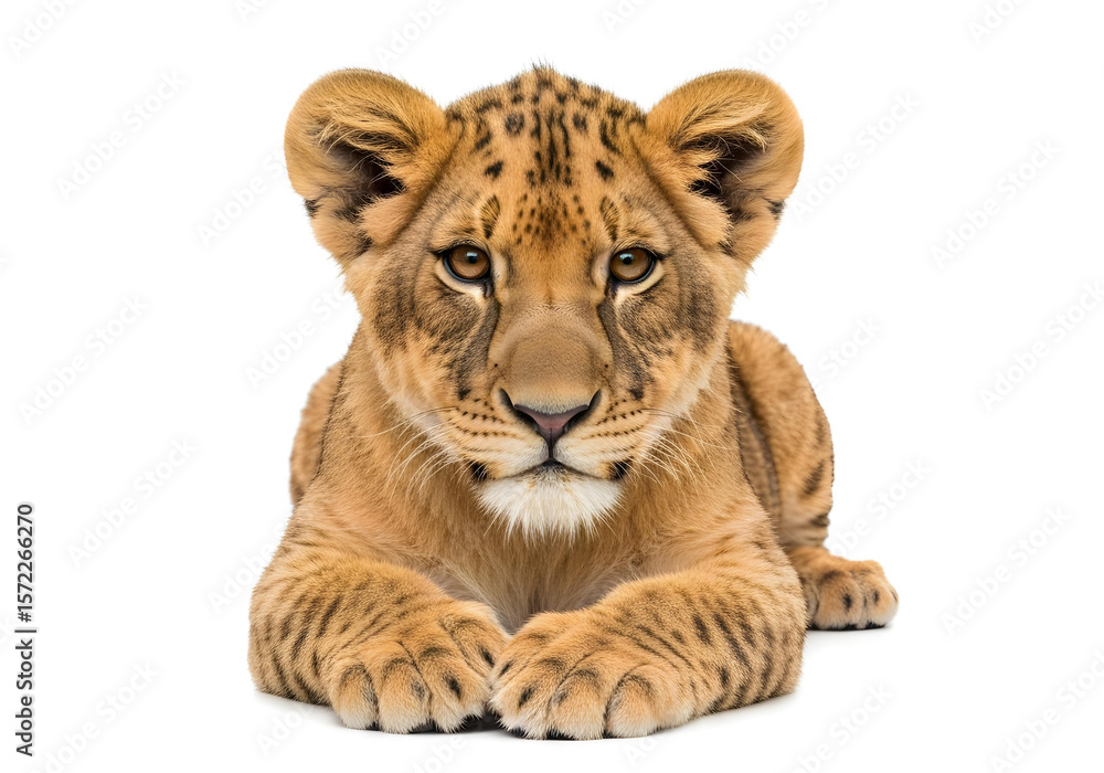 Fototapeta premium baby lion cub resting in studio photography with clean white background 