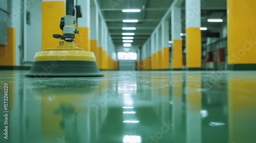 A yellow and black vacuum cleaner in a hallway with yellow and green walls and white ceiling