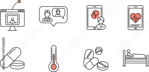 Telemedicine Icons Online Doctor Consultations, Health Monitoring Apps, and Remote Patient Care
