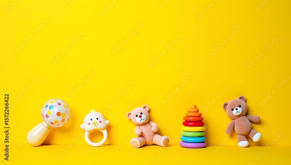 Obraz premium Colorful flat lay of playful baby toys including rattle, teether, soft plush animal, and stacking rings on a bright yellow background