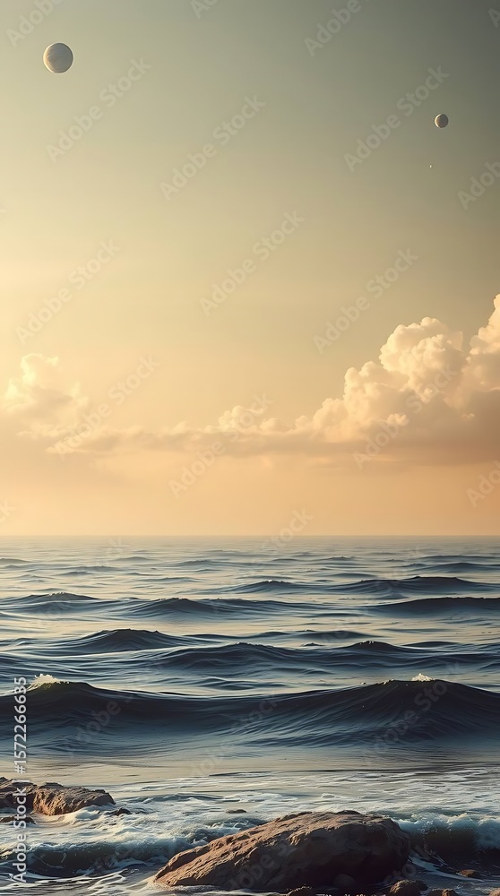 Obraz premium Calm Ocean Waves on a Peaceful Day, with Celestial Spheres in the Horizon