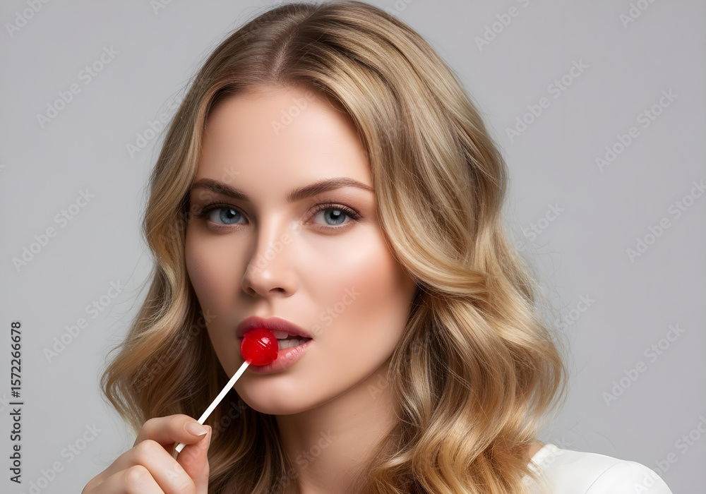 glamorous woman with candy sucker against gray background
glamorous woman with candy sucker against gray background