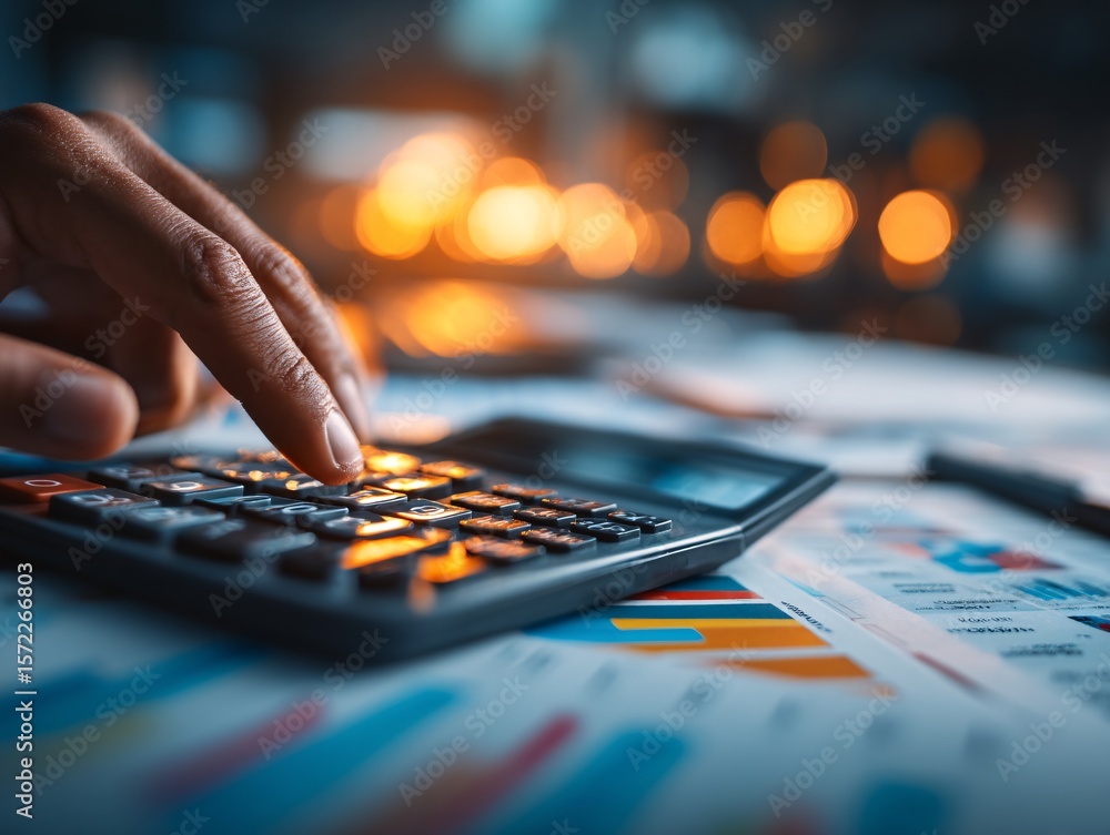 Fototapeta premium Hand Using Calculator on Financial Reports with Blurred Background