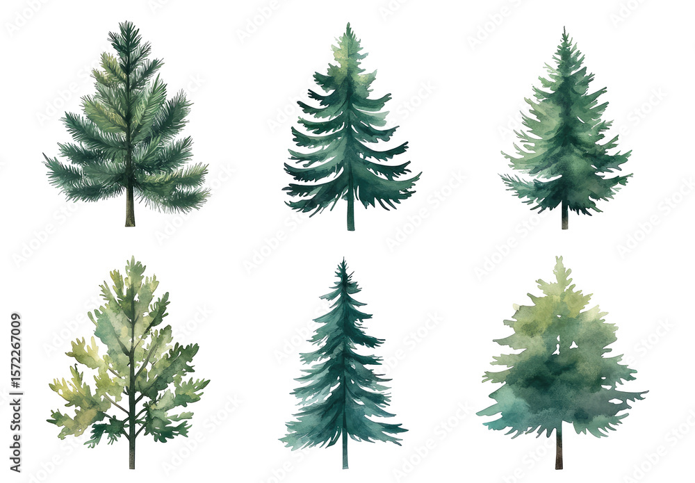 Six stylized evergreen trees in muted greens and blues, rendered in a painterly style Six stylized evergreen trees in muted greens and blues, rendered in a painterly style