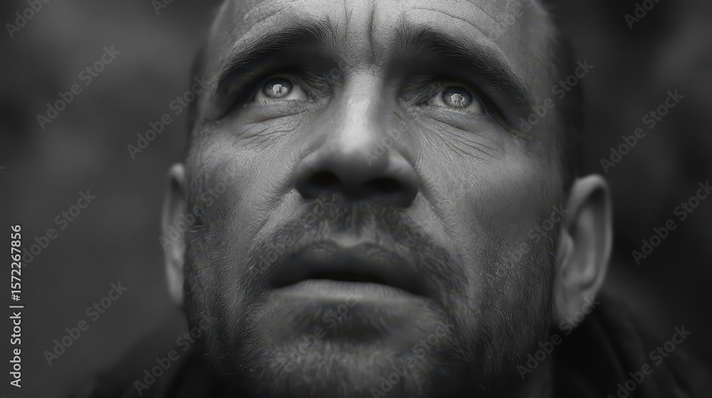 Obraz premium Close-up grayscale portrait of a contemplative man.
