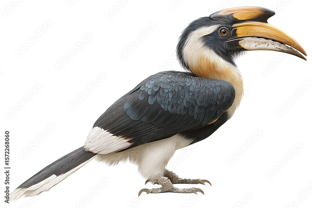 Fototapeta premium Hornbill bird with transparent background in high resolution PNG style, isolated wildlife illustration perfect for cutout and design projects