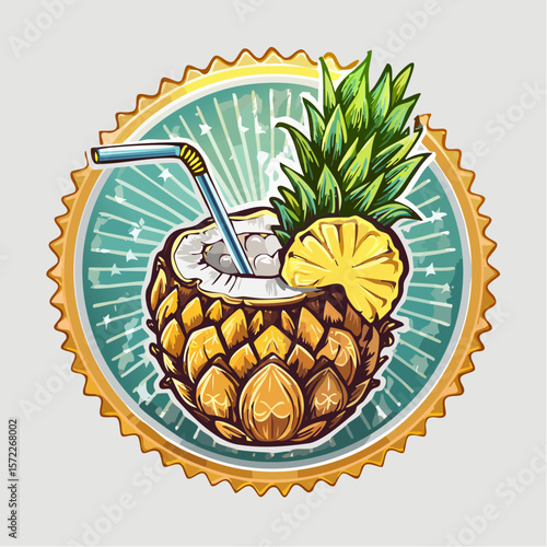 circular badge featuring radial mesh coconut cocktail with gloss straw and micro-foil pineapple detail