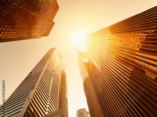 太陽が照りつける都会のビル群