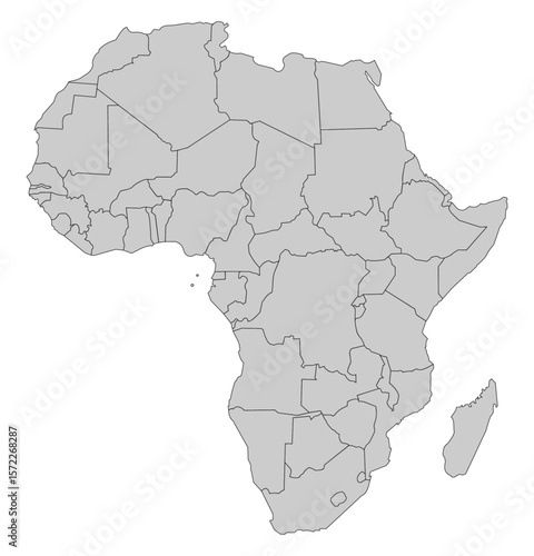 Map of Africa showing individual country borders in grey. Perfect for infographics, presentations, or educational use. Isolated on white background.