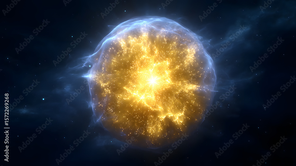 Obraz premium Celestial Explosion: An awe-inspiring cosmic event unfolds as a radiant star undergoes a dramatic supernova explosion, radiating vibrant energy across the vast expanse of the cosmos.