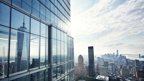 Sleek architecture shows an impressive vista of New York City under a bright sky, as seen from an elevated position.