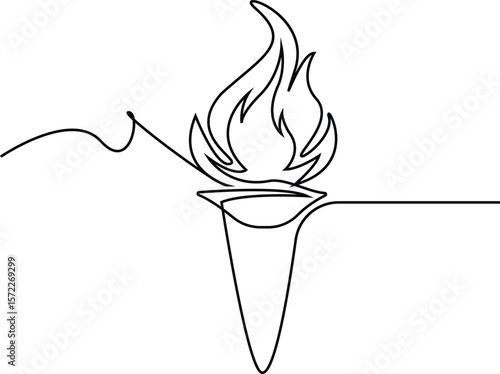 One line continuous torch. Line art torch, Hand drawn vector art, Olympic torch drawn in one continuous line. One line drawing, minimalism. Vector illustratiom.