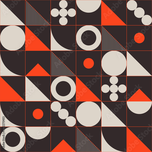 Abstract artwork of vector geometric shapes. Geometric vector seamless color pattern. Vector background with colorful simple geometrical shapes. Bauhaus constructive style tiles. Cover design.