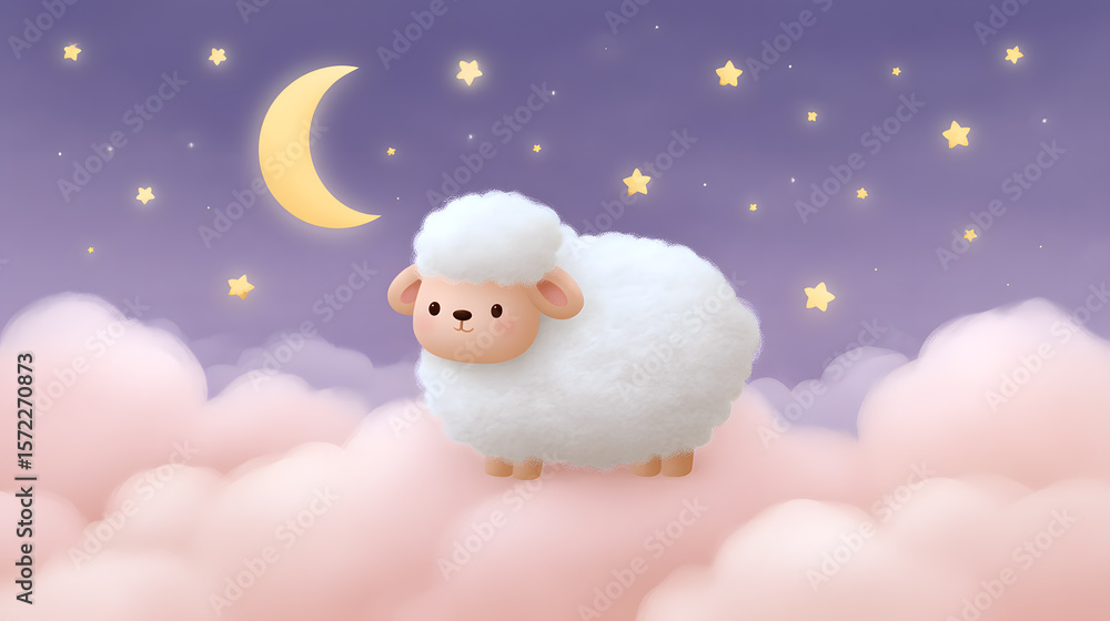 Obraz premium Dreamy Sheep's Sky Ride: A fluffy, cartoonish sheep floats serenely amidst soft clouds, under the gentle glow of a crescent moon and twinkling stars. This scene evokes a sense of peace and wonder.