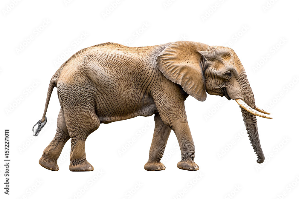 Fototapeta premium African Elephant, Walking Pose, Isolated on Transparent PNG, High-Resolution Image