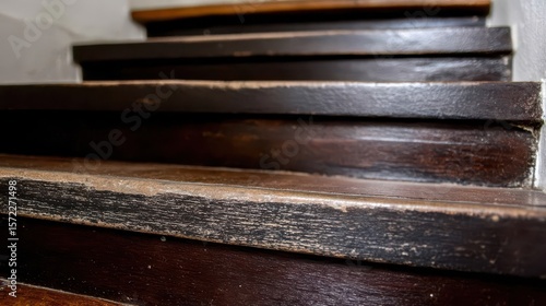 Close-up view of aged wooden interior staircase steps.