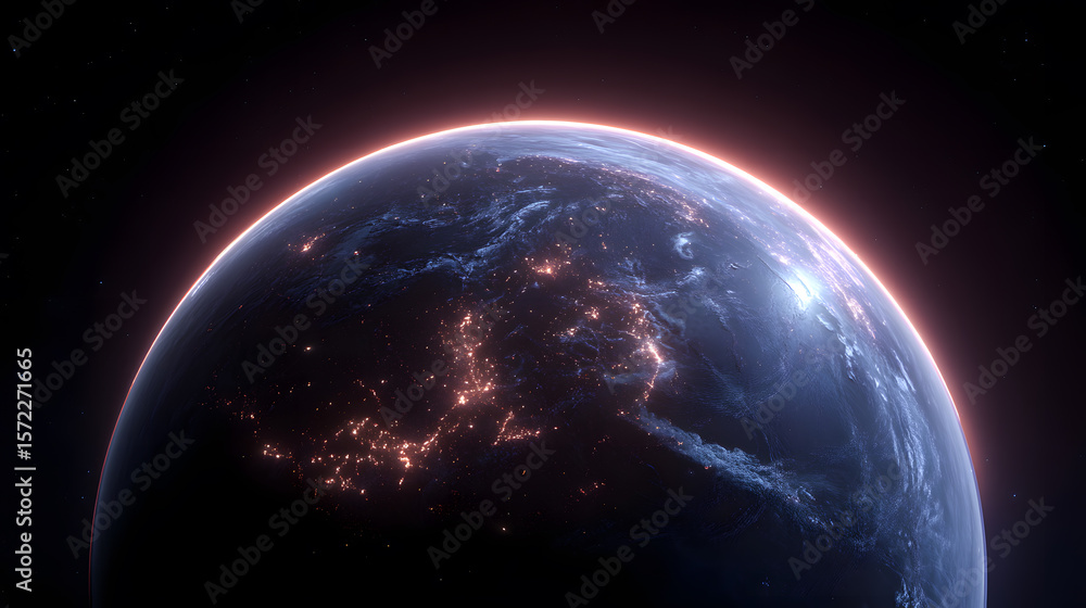 Fototapeta premium Planet Earth at Dawn: A breathtaking view of Earth from space, illuminated by the golden glow of sunrise, showcasing continents and oceans in stunning detail.