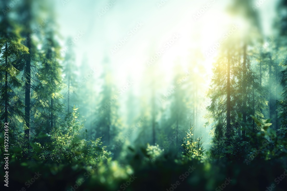 Obraz premium Misty forest scene, sunlit trees