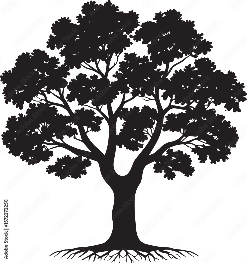 Obraz premium Silhouette Illustration of a Tree with Detailed Branches, Leaves, and Roots 