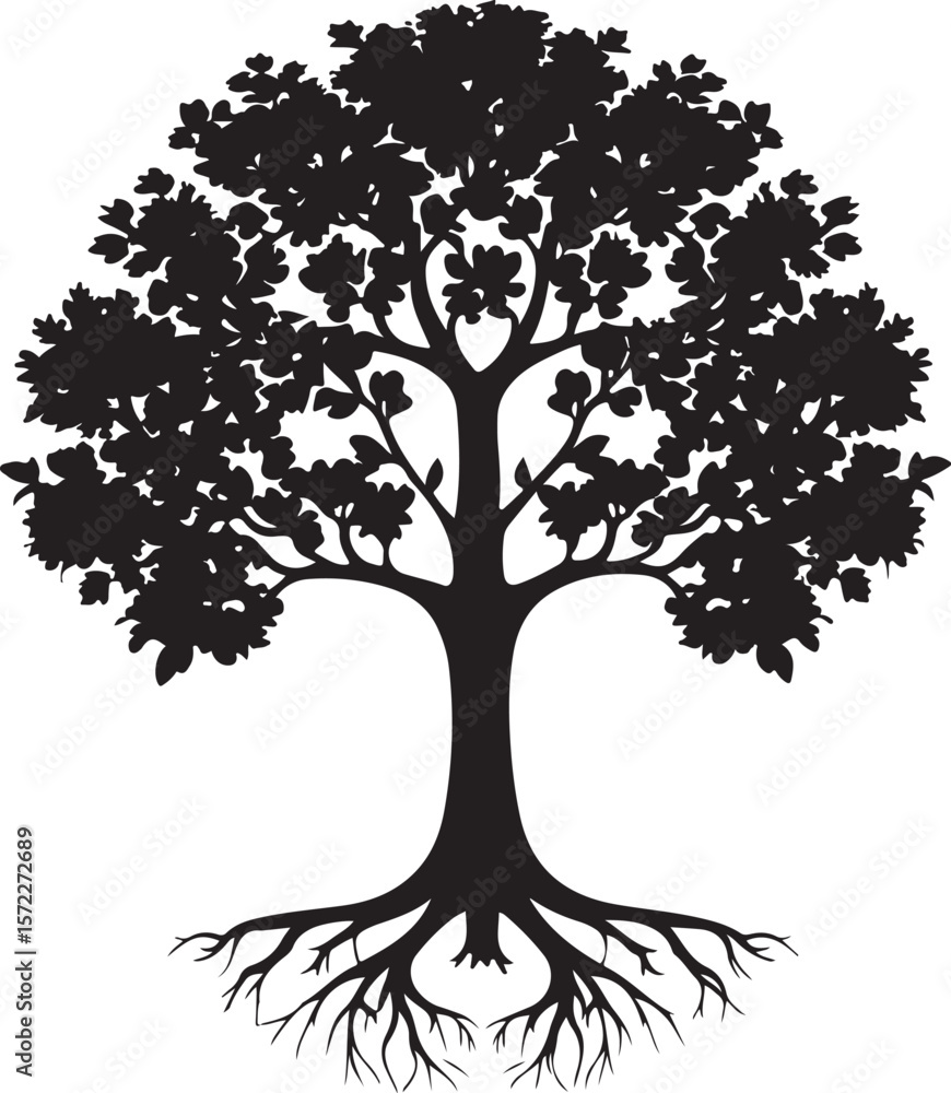 Fototapeta premium Silhouette Illustration of a Tree with Detailed Branches, Leaves, and Roots 