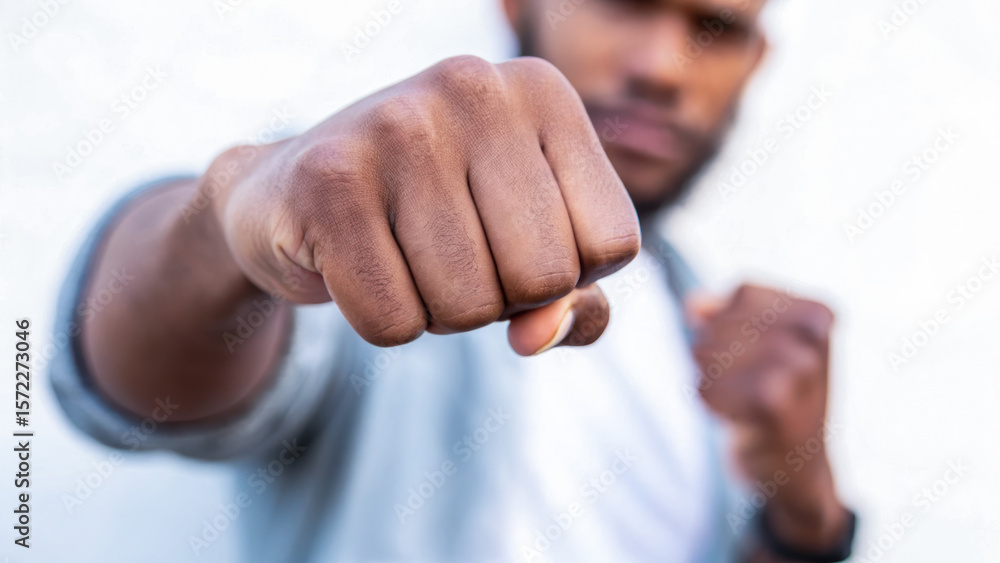 Fototapeta premium Fist raised in a fighting stance, symbolizing strength and determination.