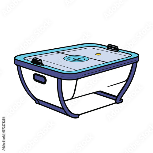 Air hockey table, colorful design, action shot of a game. Leisure activity, home entertainment center. general use.