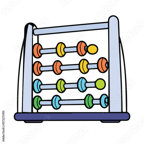 Colorful abacus with multiple rows of colorful beads on rods, presented in a simple, outlined style. Educational tool for learning math displayed in a child-friendly, accessible design.