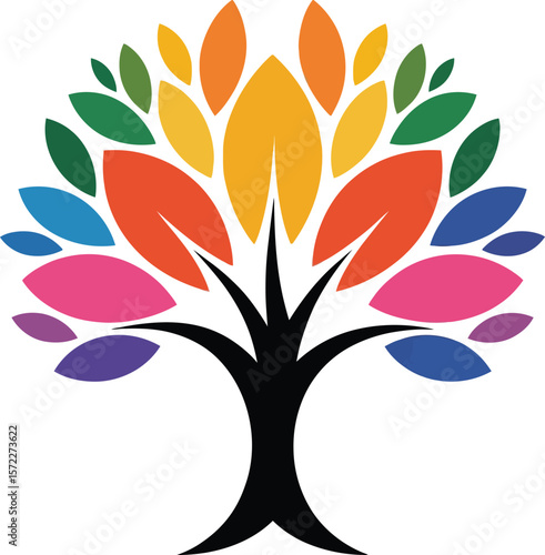 Vibrant Abstract Tree Logo: Colorful Leaves Symbolizing Nature, Growth, and Diversity

