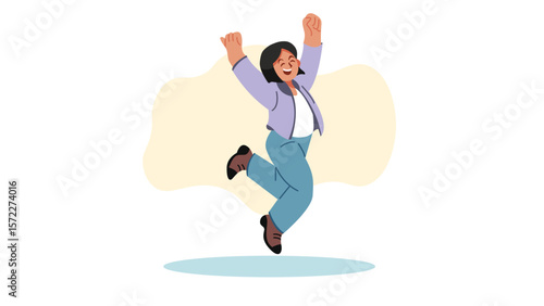 Excited Woman Jumping Up with Happiness - Vector Illustration