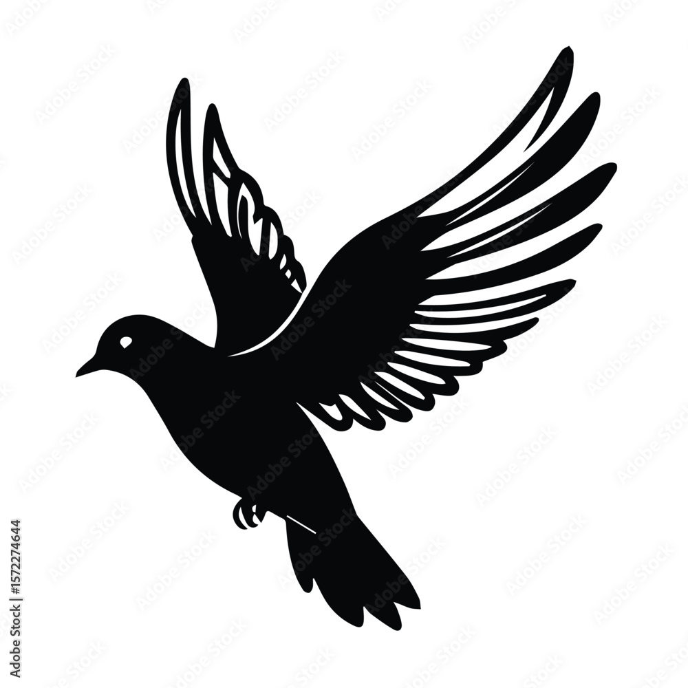 Fototapeta premium Black silhouette of a dove in flight against a plain white background. Simple, elegant design suitable for a variety of uses.