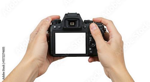 Hands holding a camera with a blank white screen against a transparent background