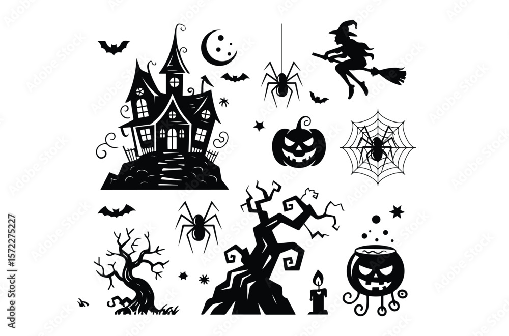 Obraz premium Halloween vector, Halloween vector element silhouette set, spooky black icon, Halloween svg vector art illustration, ghost house silhouette, Art & Illustration, Ghost svg