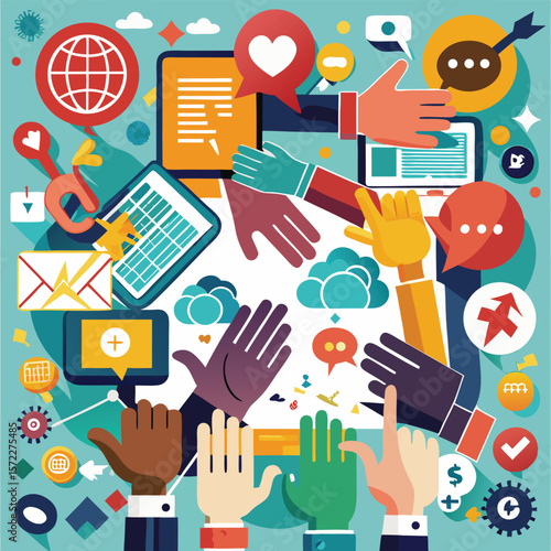Diverse hands reaching out for global connection and communication silhouette