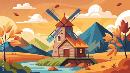 Autumn Landscape with Windmill and Mountains