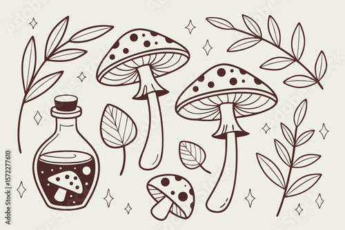 Whimsical hand drawn mushroom and potion bottle illustration with leaves and stars