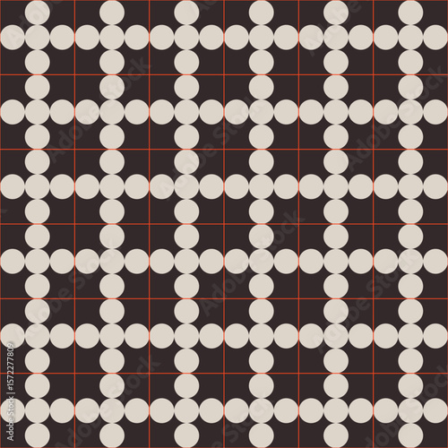 Abstract geometric vector seamless color pattern. Vector background with repeating small circles. Bauhaus constructive style tiles. Cover design. Brown, beige, orange colors. Geometrical grid pattern.