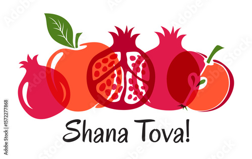 Jewish New Year, Rosh Hashanah Greeting card.  Horizontal banner with apples and pomegranates decoration elements.