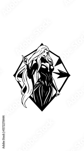A fantasy female character standing with long flowing hair, wearing fitted armor-like clothing, hand placed on her forehead in a thoughtful pose, framed within a geometric diamond-shaped border, rende