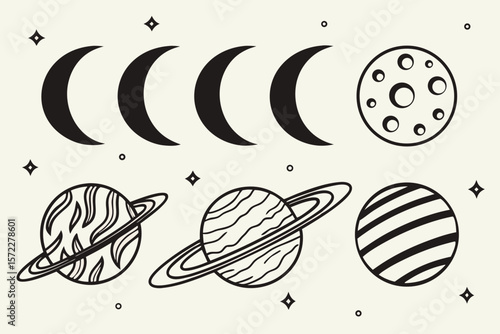 Collection of celestial bodies including moon phases and planets with rings and stripes
